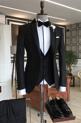 Black Three Piece Notched Lapel Business Suit